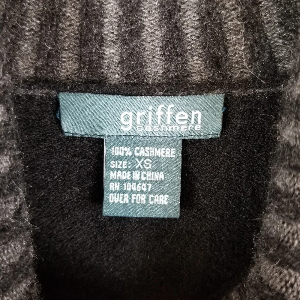 Griffen Cashmere Sweater Women XS Black Mock Neck Ribbed Trim 100% Cashmere‎